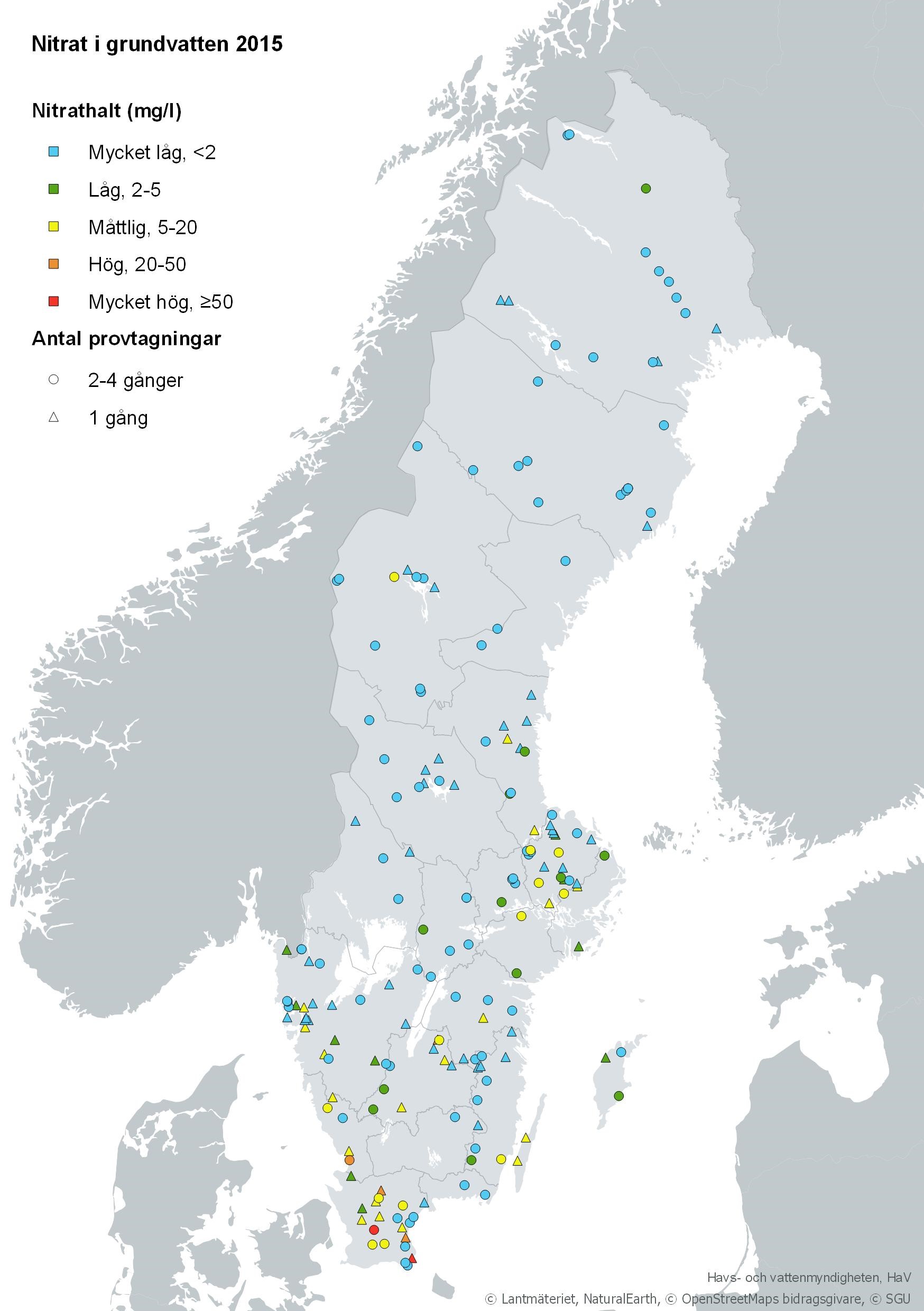 Nitrat i grundvatten 2015. Karta, illustration.