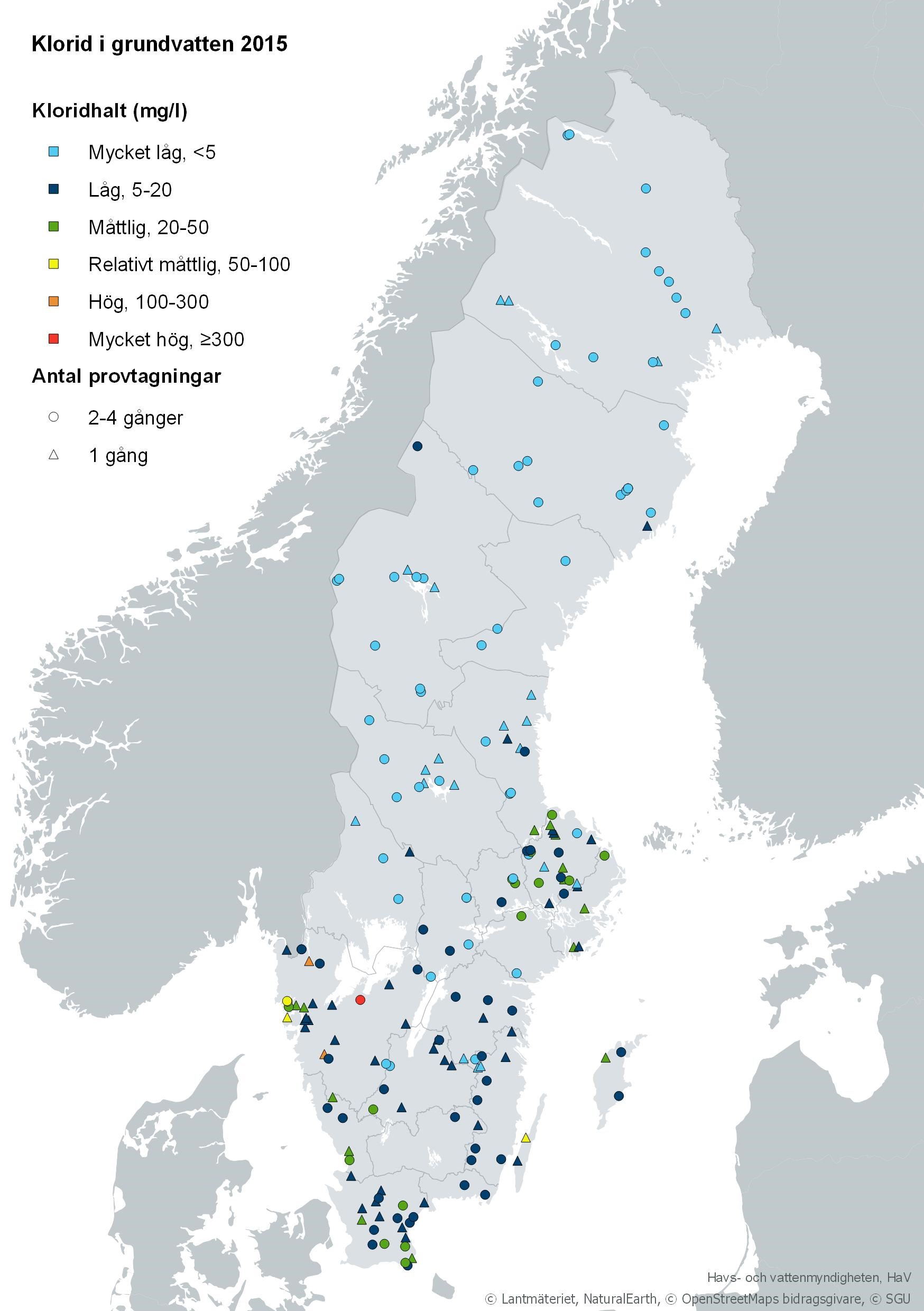 Kloridhalterna i 189 övervakningsstationer år 2015. Karta, illustration.