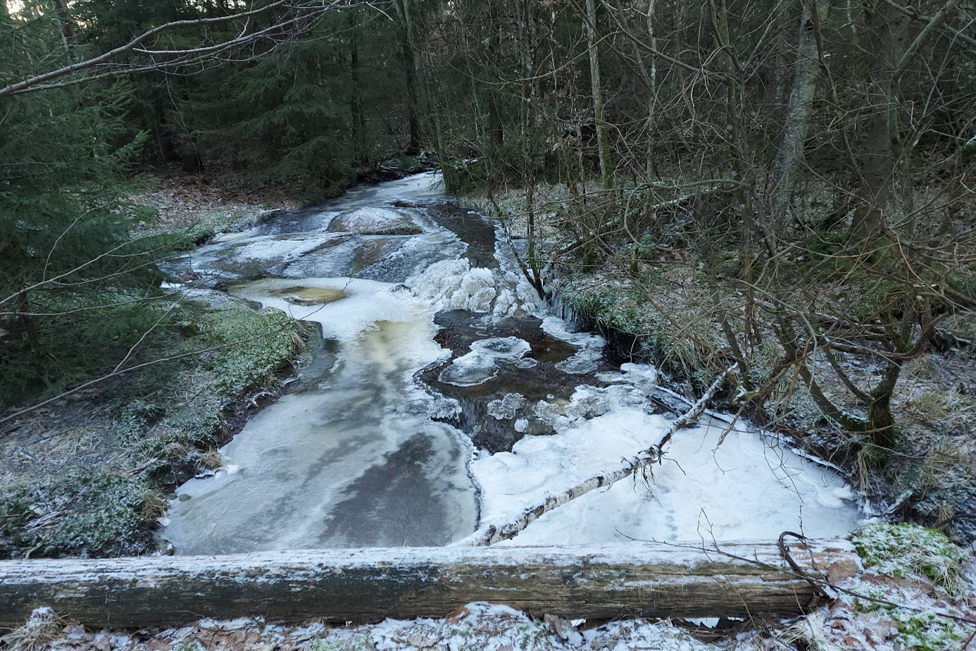 Vattendrag i vinterlandskap