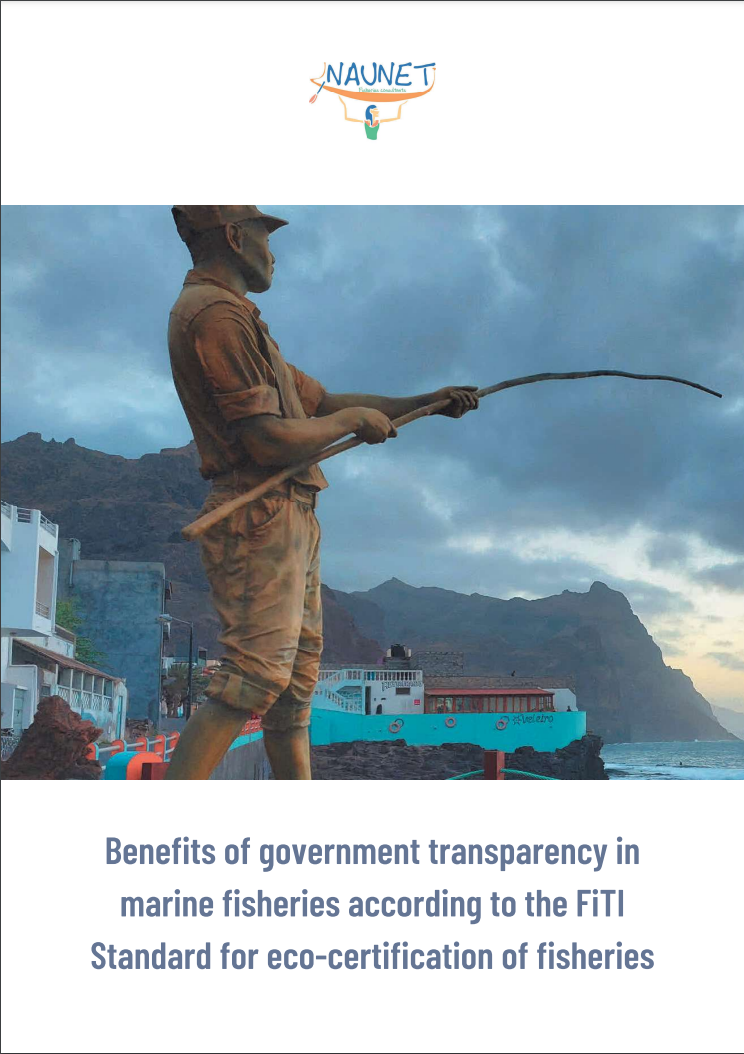 Front page of a report called Benefits of Government transparency in marin fisheries with photo of man fishing with rod