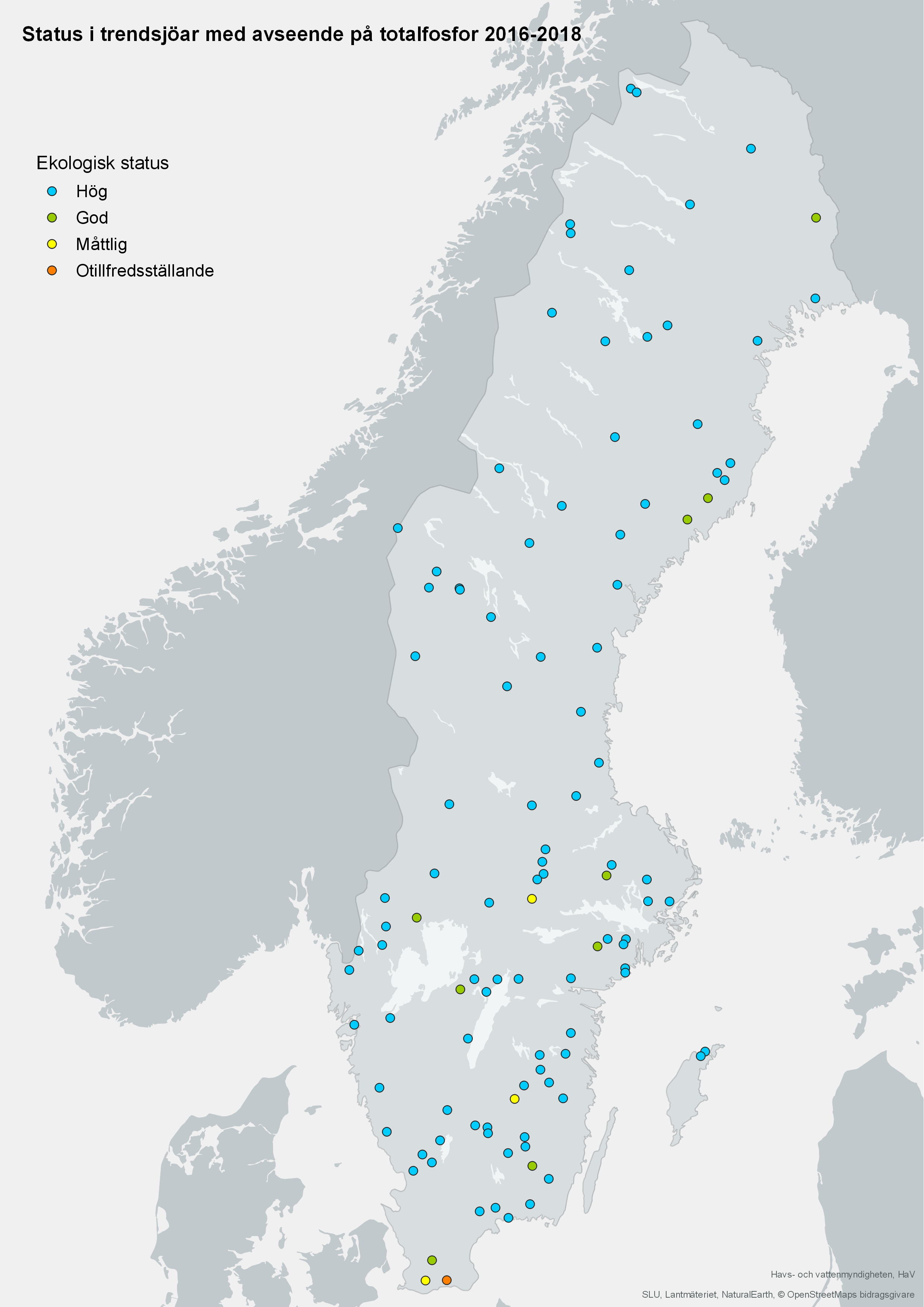 Trendsjöars status vad gäller totalfosfor år 2016-2018. Karta, illustration.