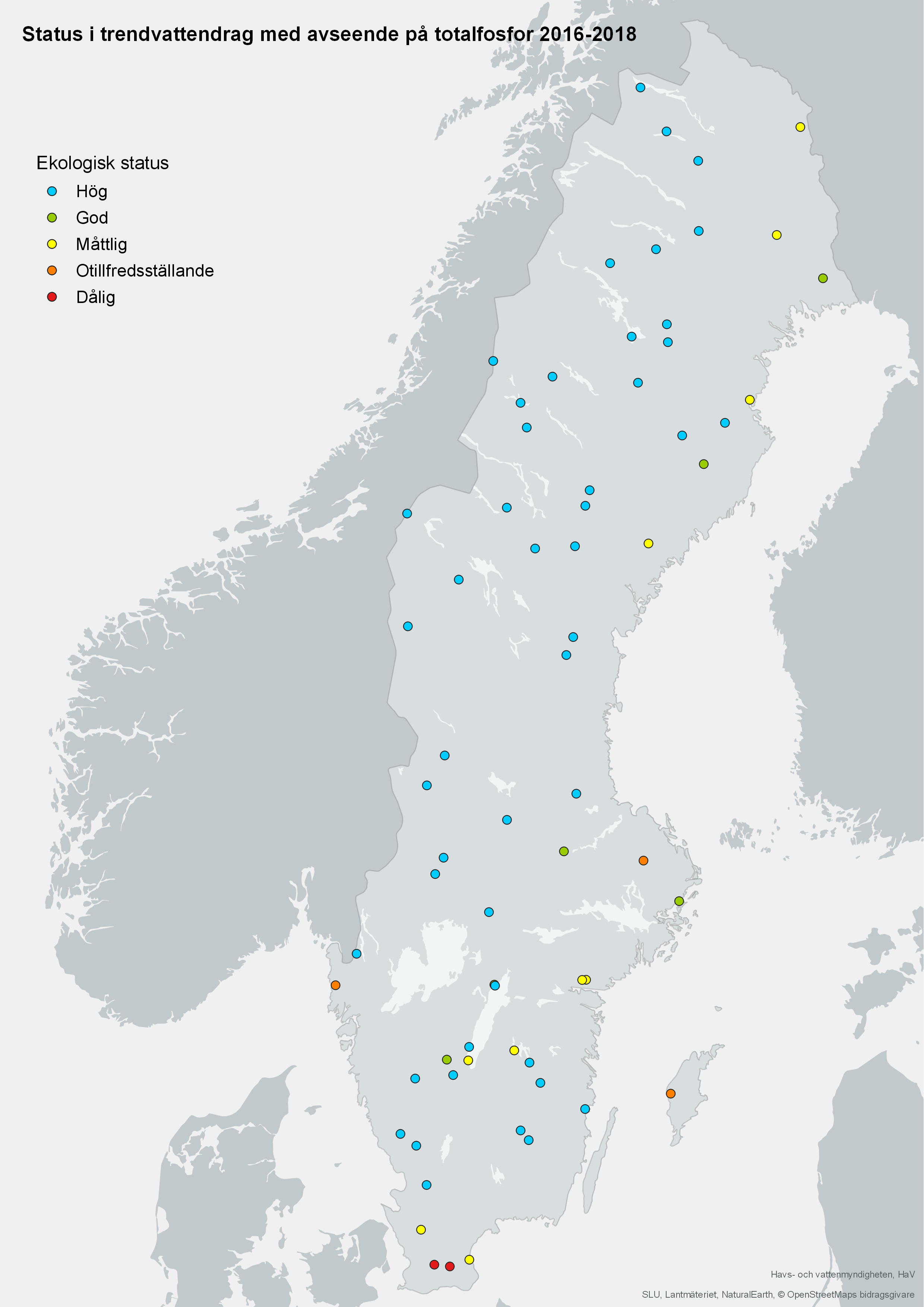 Trendvattendragens status vad gäller totalfosfor år 2016-2018. Karta, illustration.