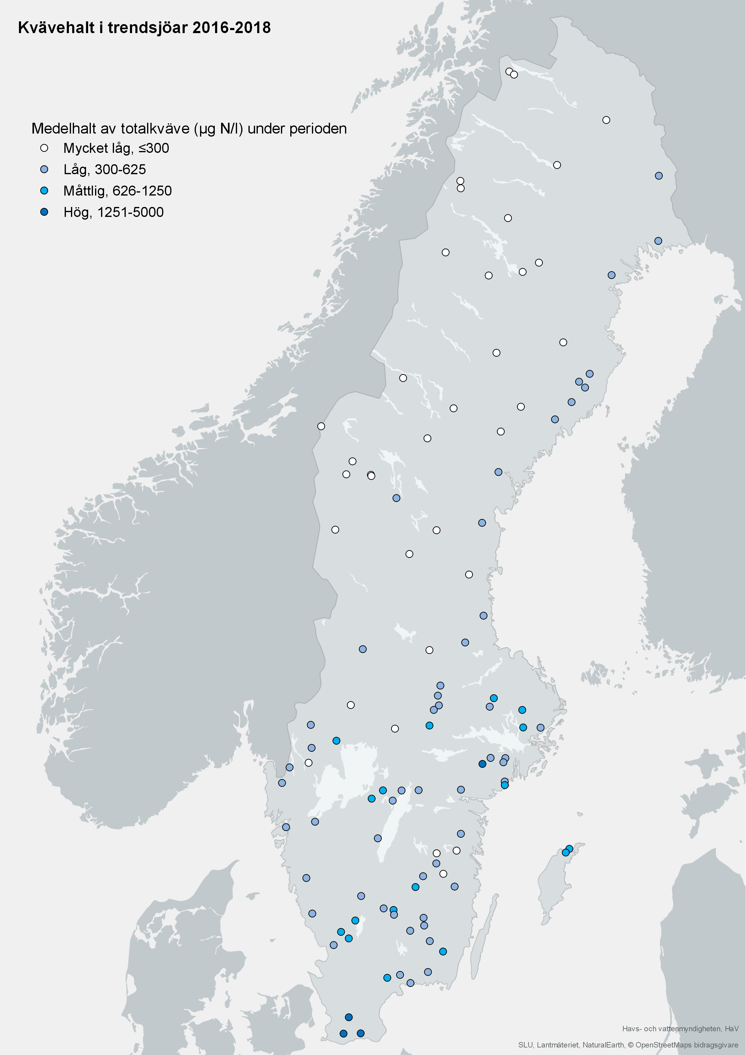 Medelhalt av totalkväve i trendsjöar 2016-2018. Karta, illustration.
