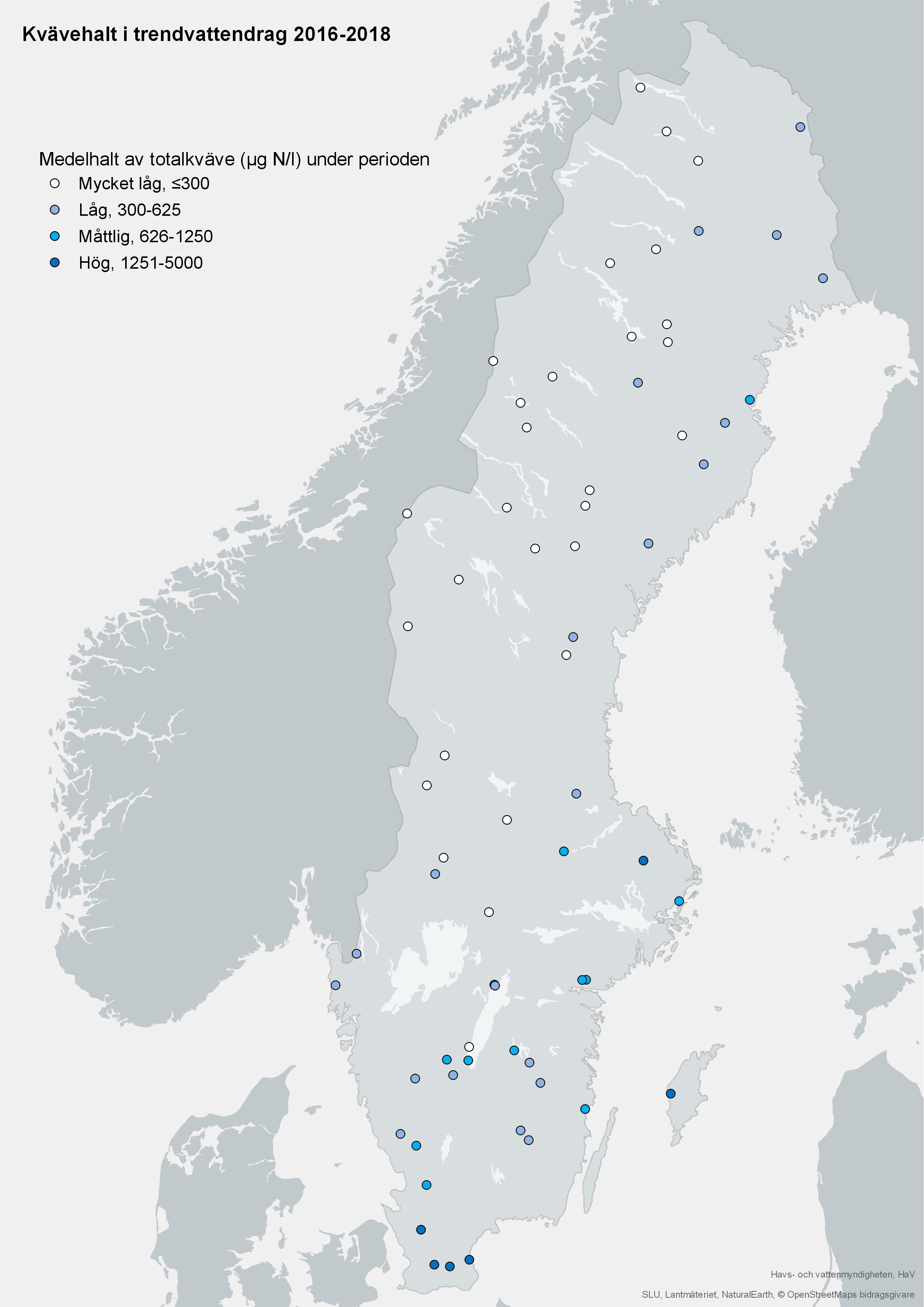 Medelhalt av totalkväve i trendvattendrag 2016-2018. Karta, illustration.