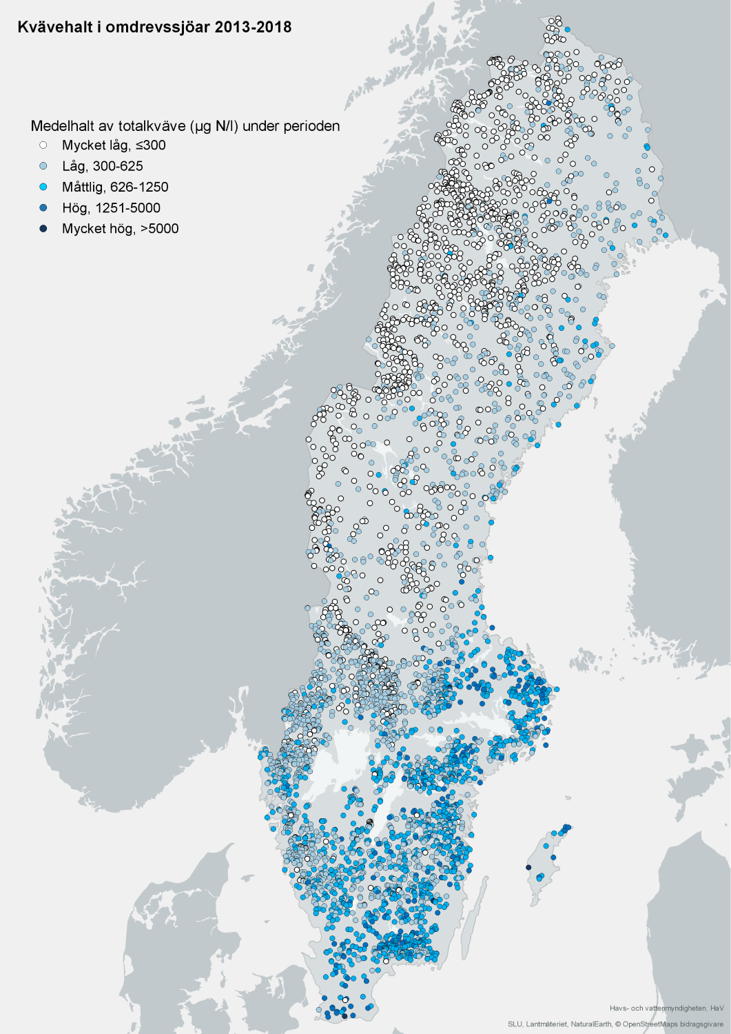 Medelhalt av totalkväve i omdrevssjöar 2013-2018. Karta, illustration.