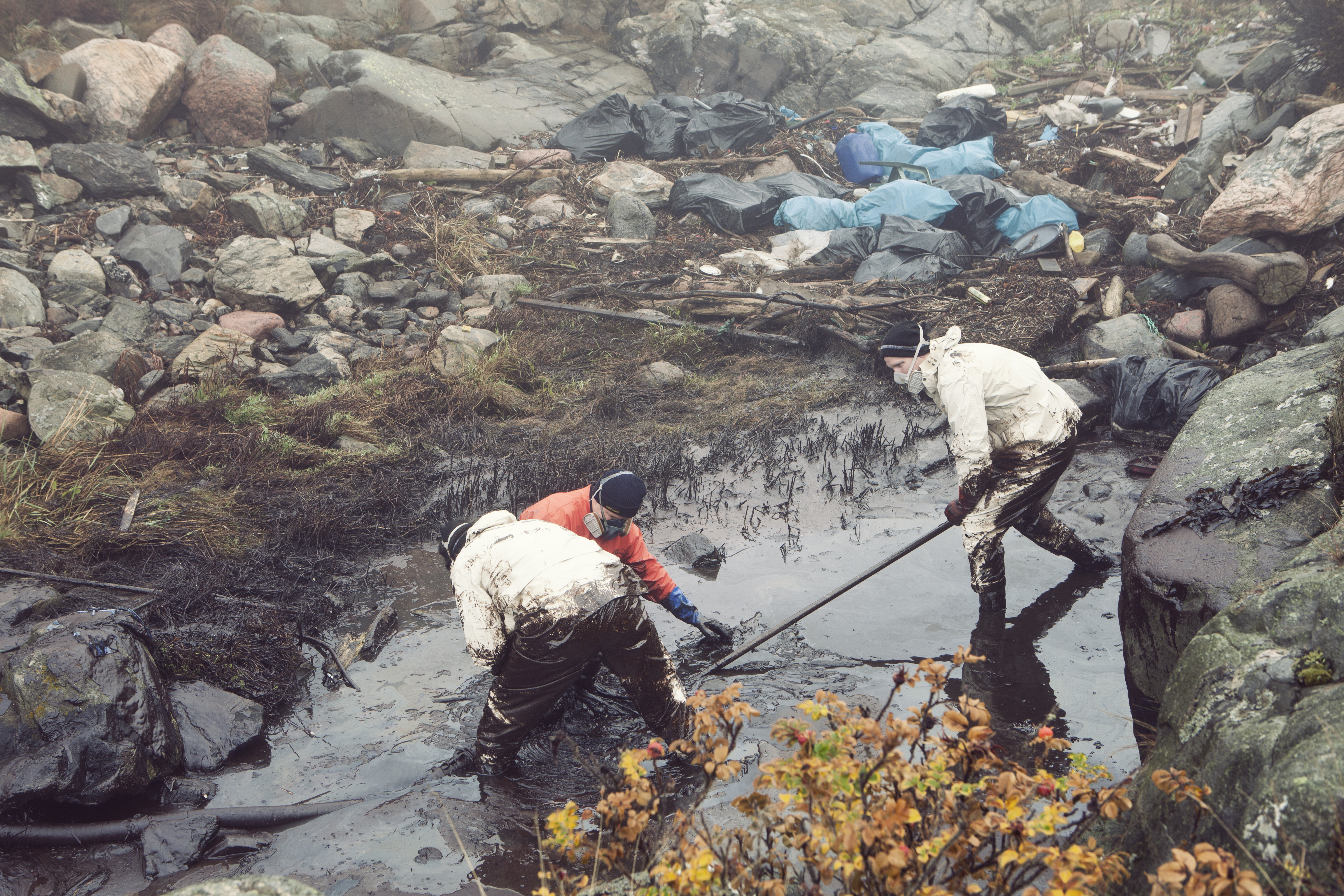 Några personer som befinner sig i en vik med mycket olja i vattnet. Personerna bär skyddskläder och arbetar för att rensa bort olja.
