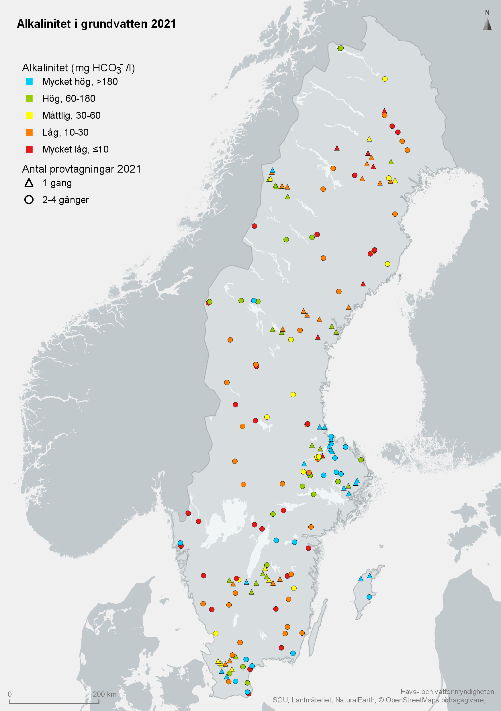 Alkalinitet i grundvatten från 172 övervakningsstationer. Karta, illustration.