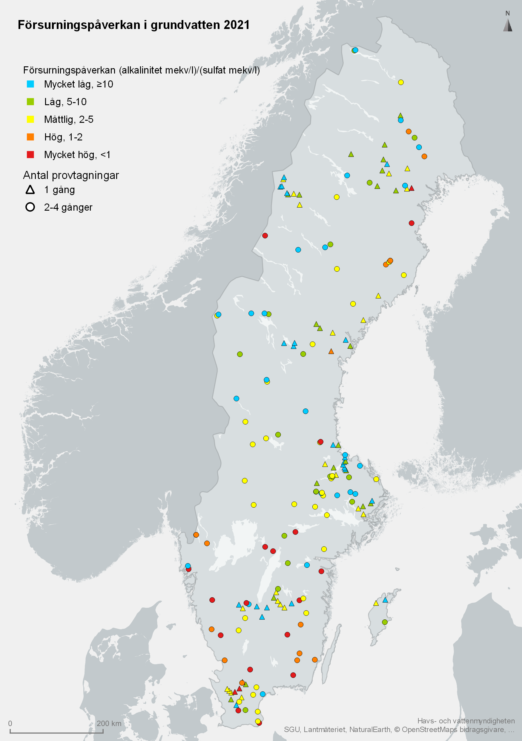 Kartan visar tillståndsklassning av grundvatten med avseende på försurningspåverkan från provtagningar i 172 stationer år 2018. Karta, illustration.