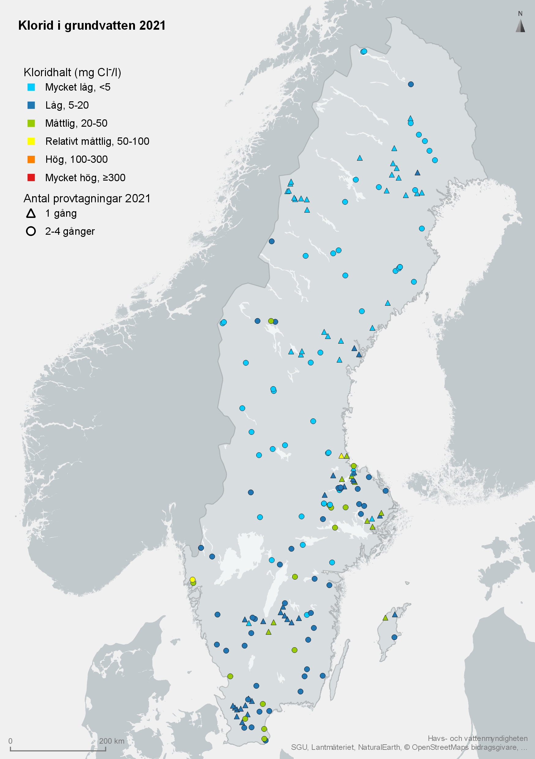 Kloridhalterna i 172 övervakningsstationer år 2018. Karta, illustration.