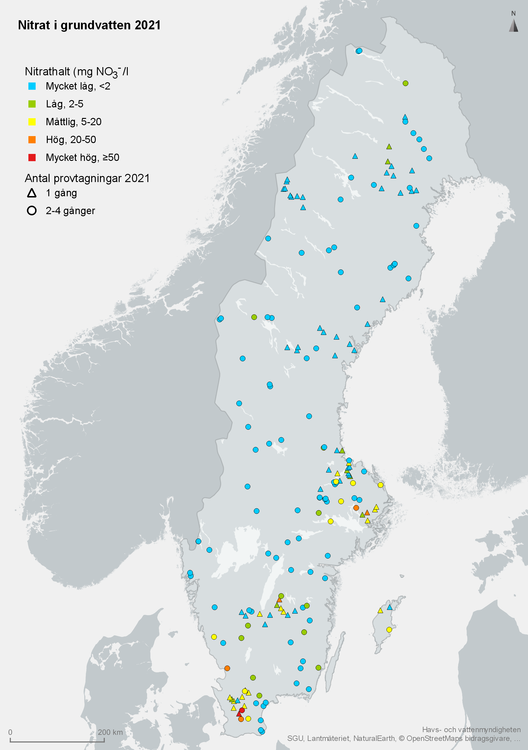 Tillståndsklassning av grundvatten med avseende på nitrat från provtagningar i 172 stationer år 2018. Karta, illustration.