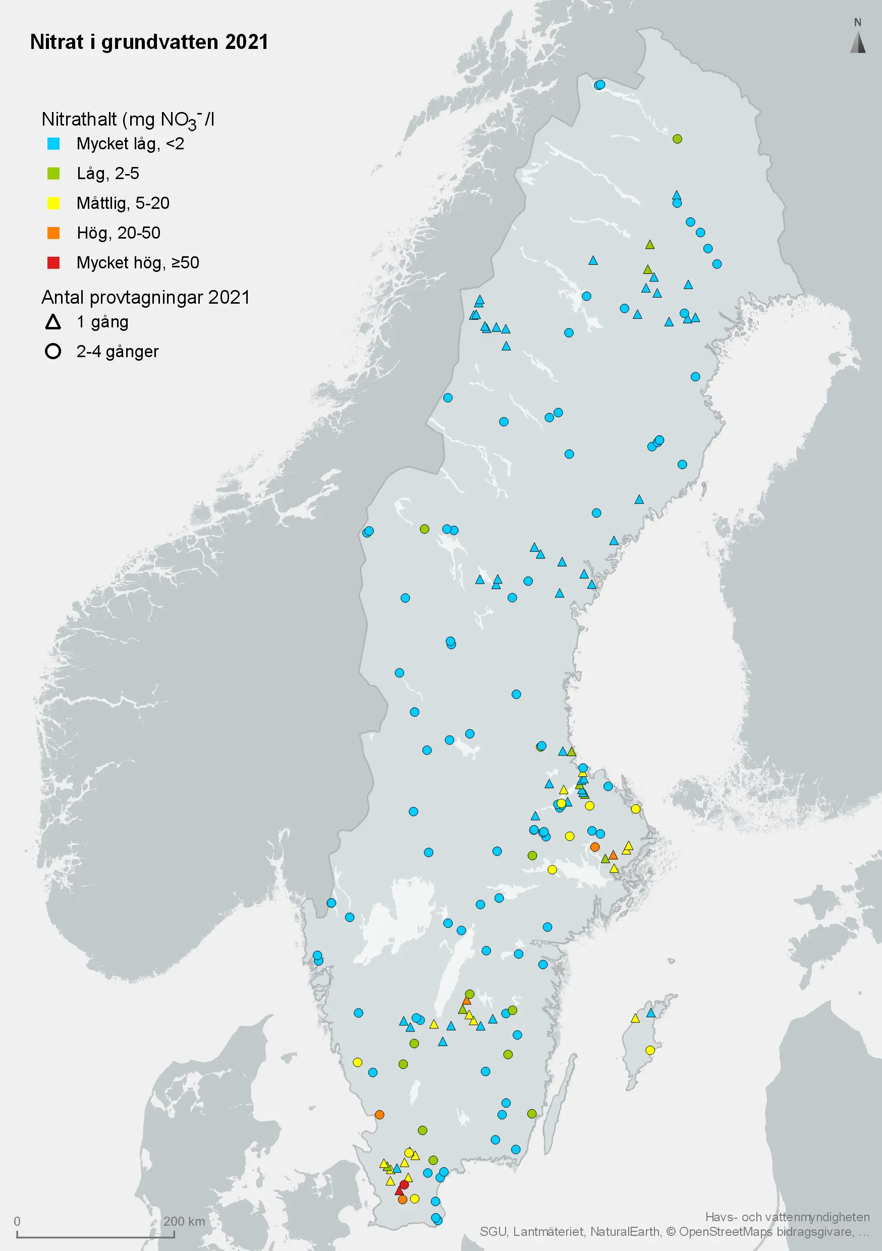 Tillståndsklassning av grundvatten med avseende på nitrat från provtagningar i 172 stationer år 2018. Karta, illustration.