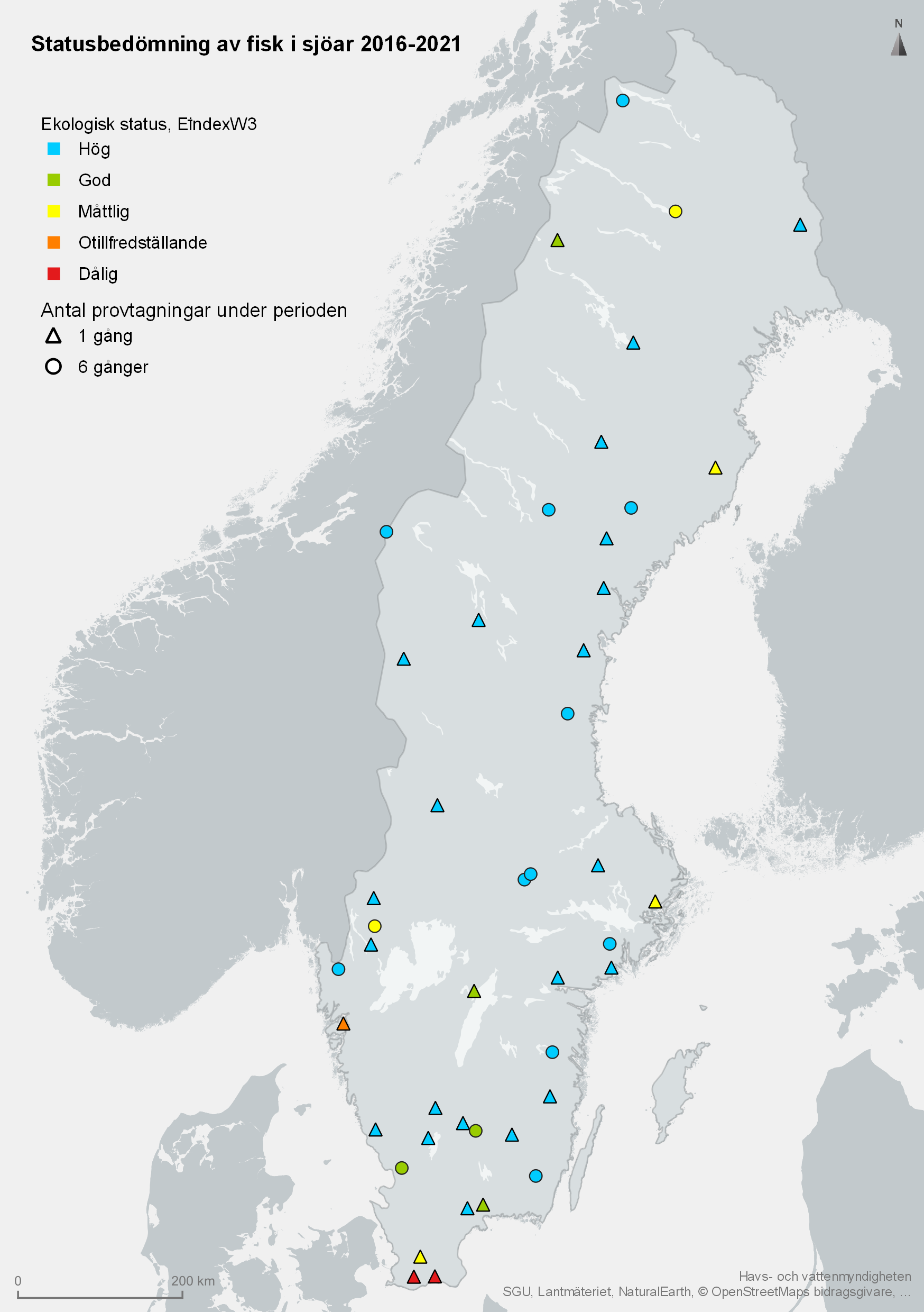 status i sjöar avseende fisk 2016-2021. karta.illustration