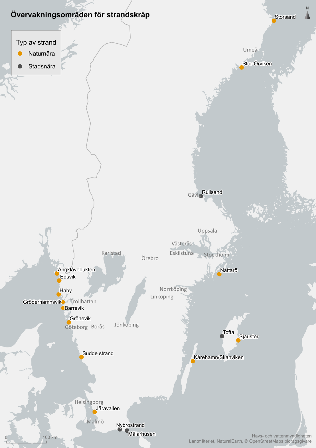 Figur 1: Karta över aktuella stränder och strandtyp år 2024.