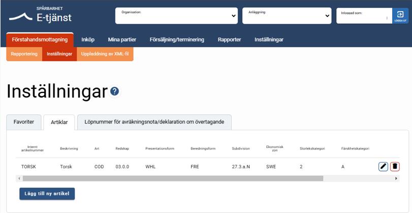 Inställningar, artiklar. Skärmbild.