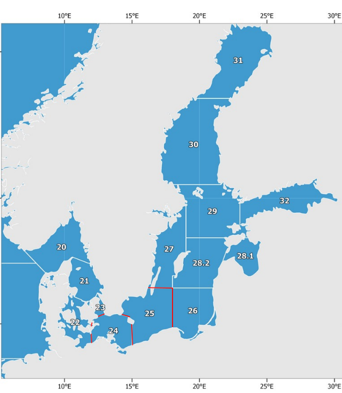 Karta över delområden i Östersjön.