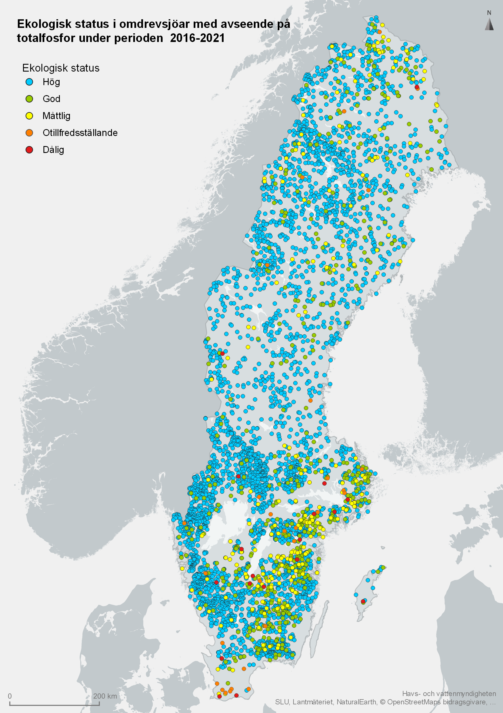 Omdrevssjöarnas status gällande totalfosfor år 2016 - 2021. Karta, illustration.