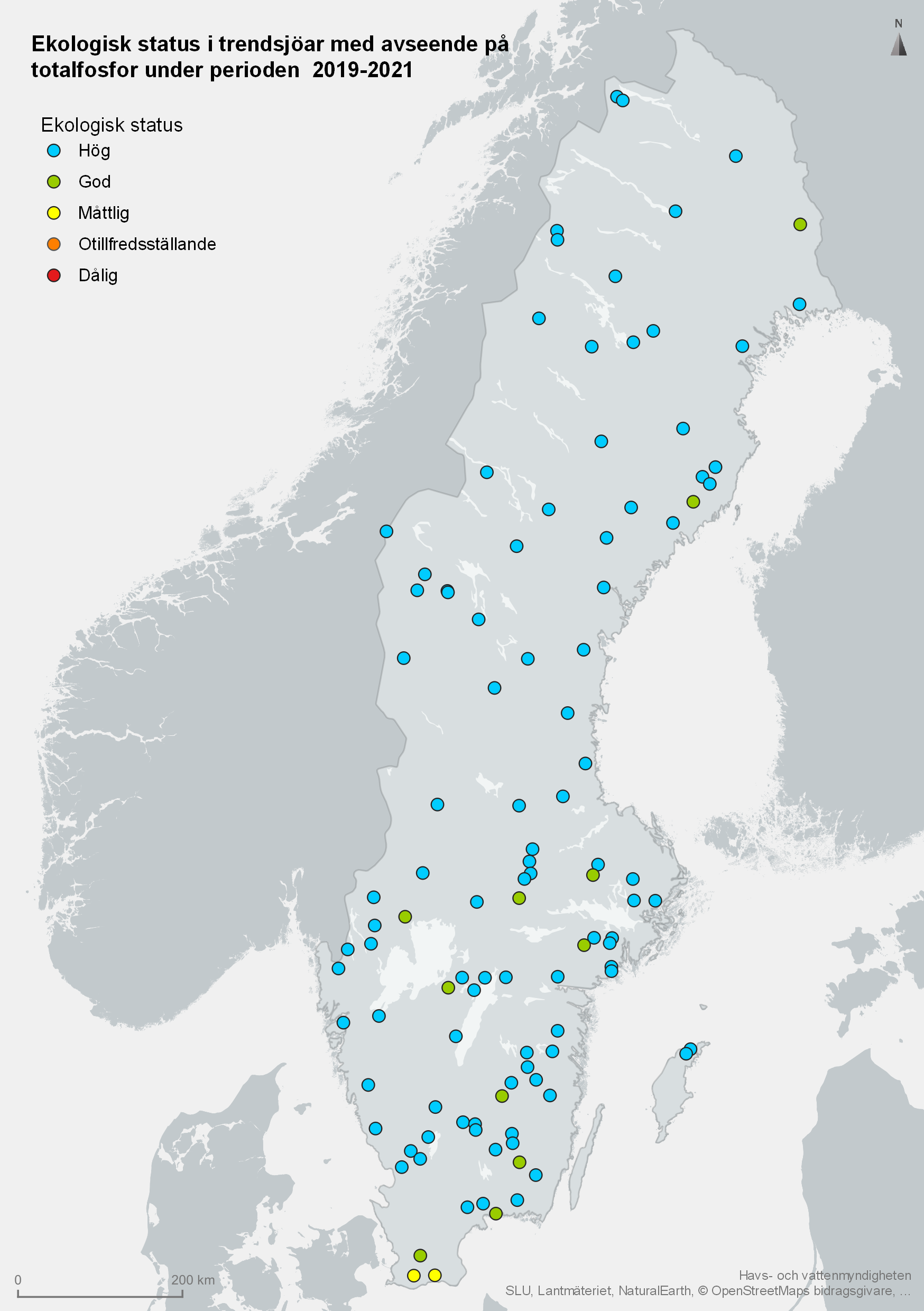 Trendsjöars status vad gäller totalfosfor år 2016-2021. Karta, illustration.