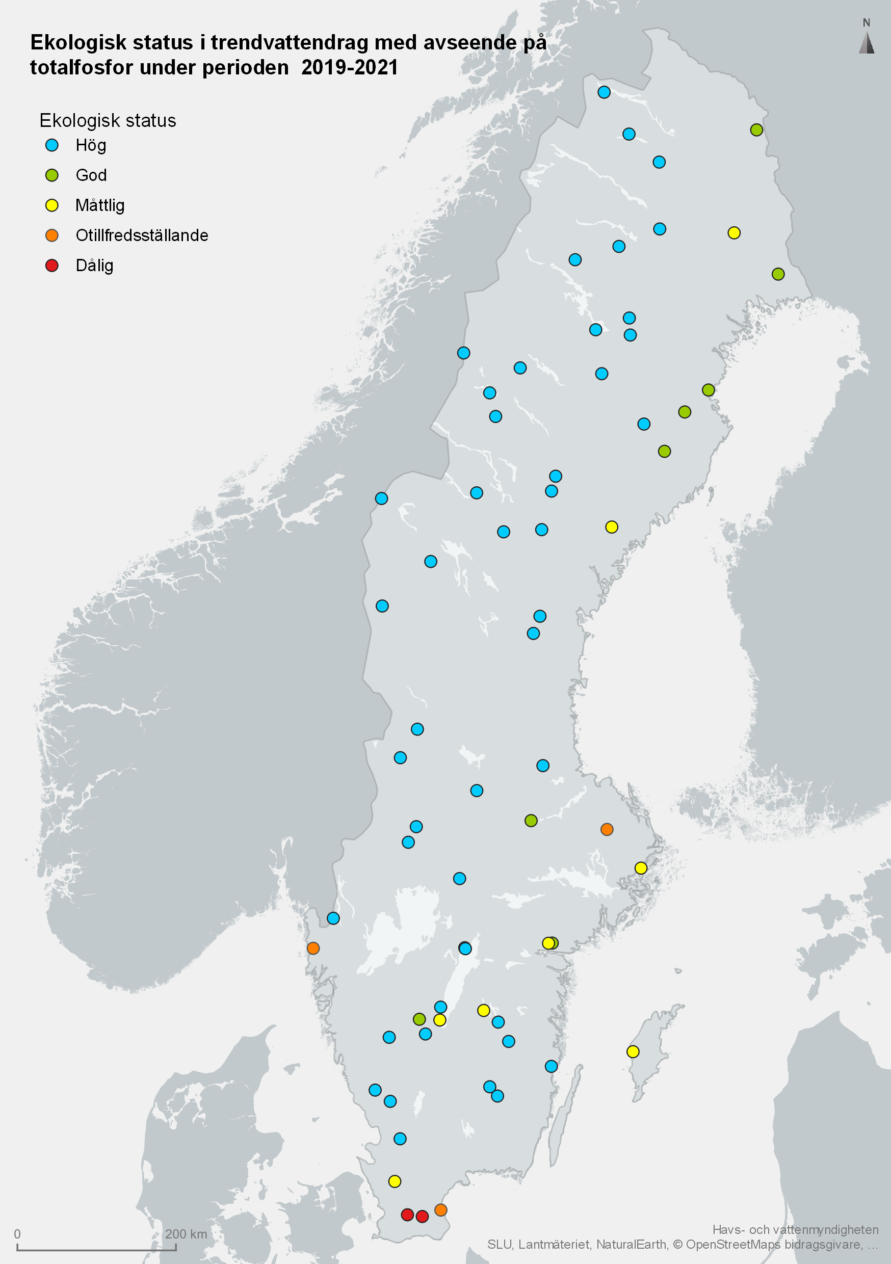 Trendvattendragens status vad gäller totalfosfor år 2019-2021. Karta, illustration.