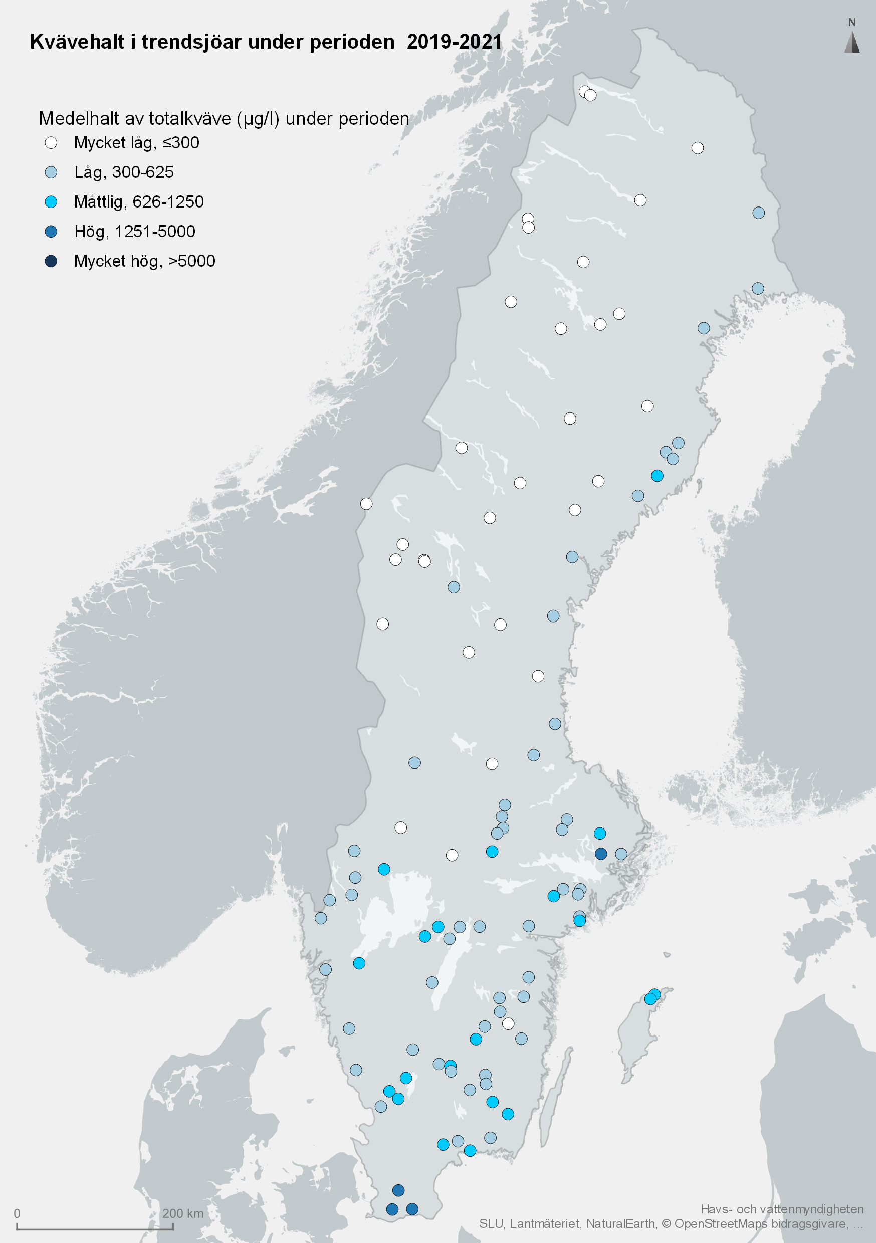 Medelhalt av totalkväve i trendsjöar 2019-2021. Karta, illustration.