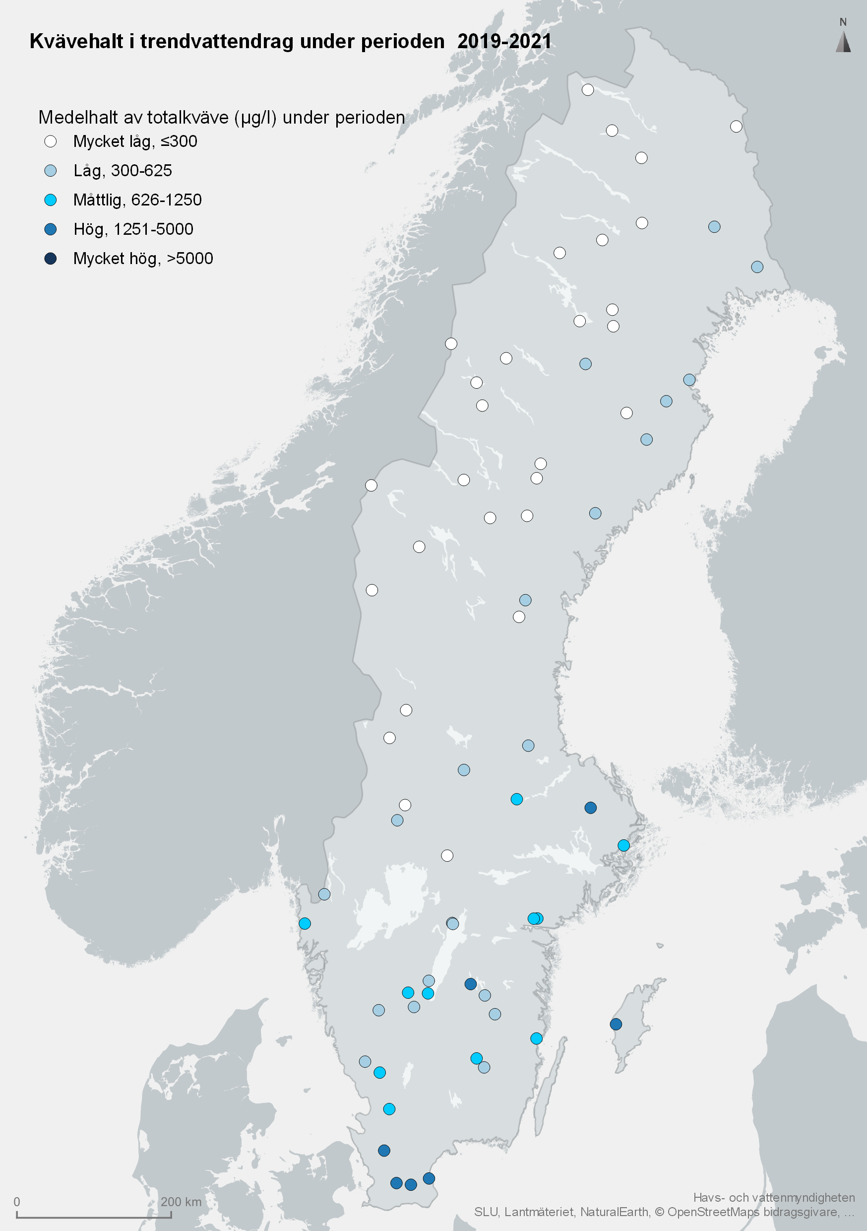 Medelhalt av totalkväve i trendvattendrag 2019-2021. Karta, illustration.