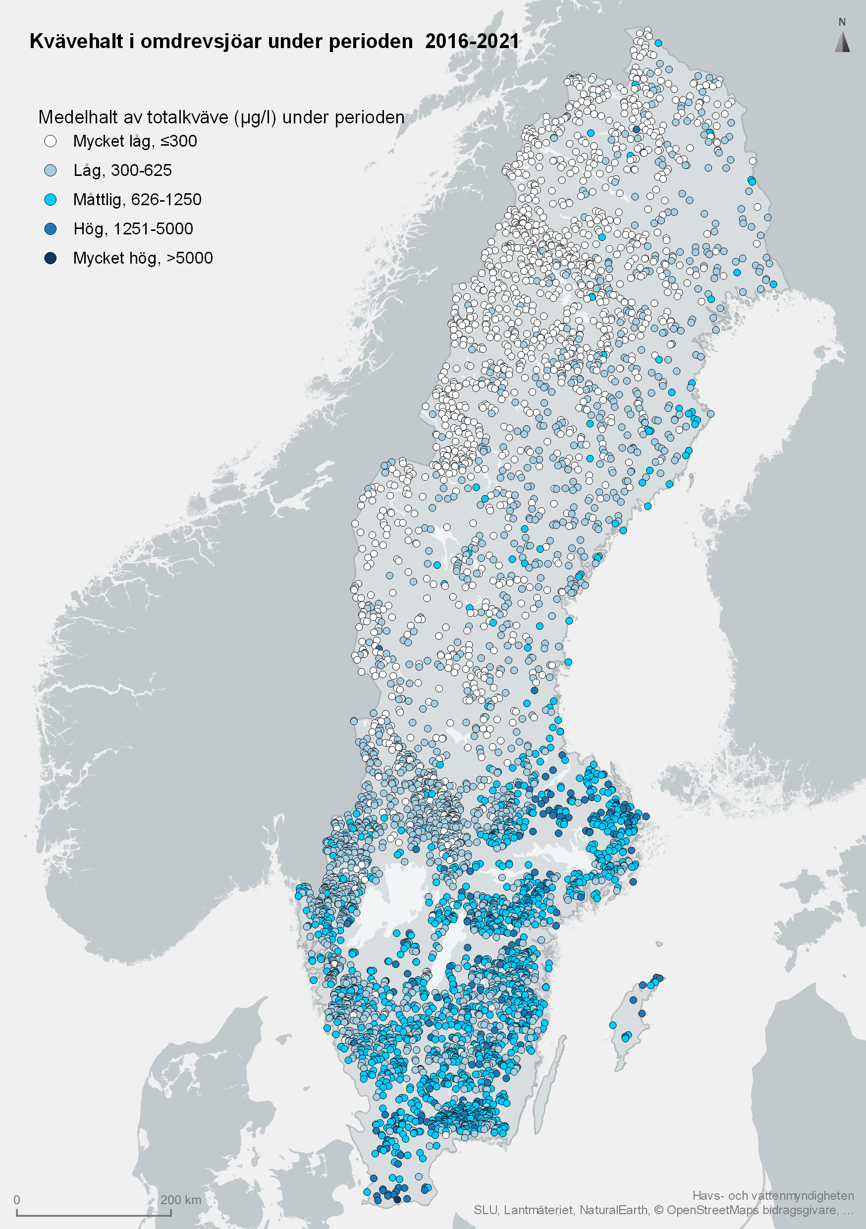 Medelhalt av totalkväve i omdrevssjöar 2016-2021. Karta, illustration.