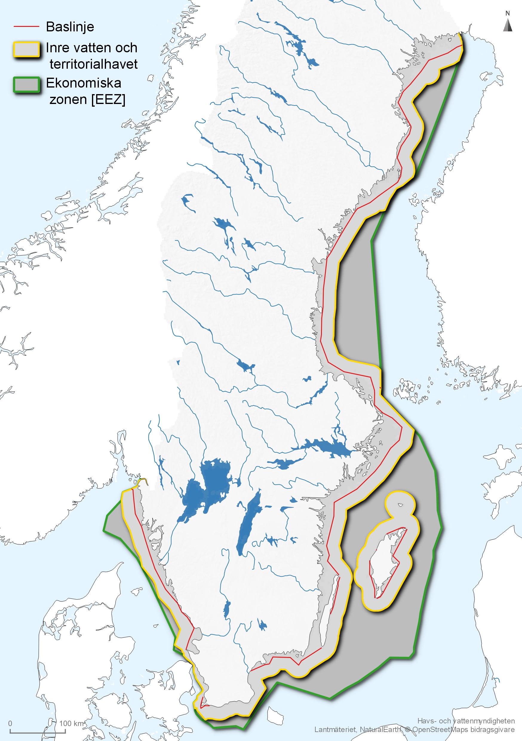 Utsträckningen av det svenska inre vattnet (i havet), territorialhavet och den ekonomiska zonen