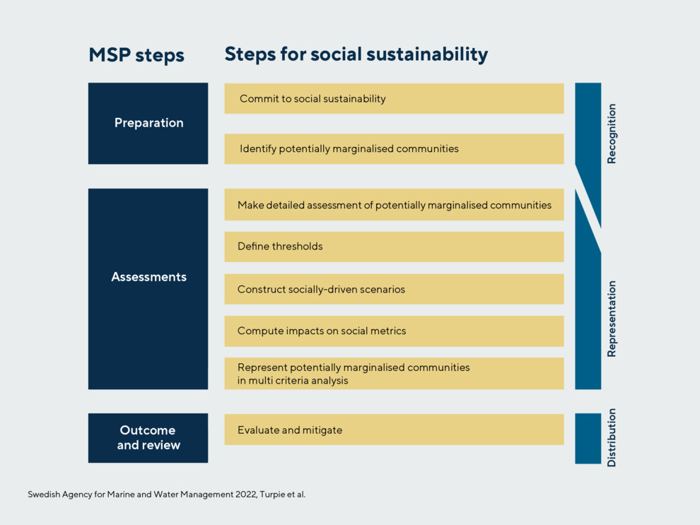 3 MSP steps Preparation, Assessment, and Outcome and review, in dark blue. 8 steps for social sustainability same as following headings in this guide web page corresponding, in yellow. 3 social dimensions Recognition, Representation, and Distribution, in blue.
