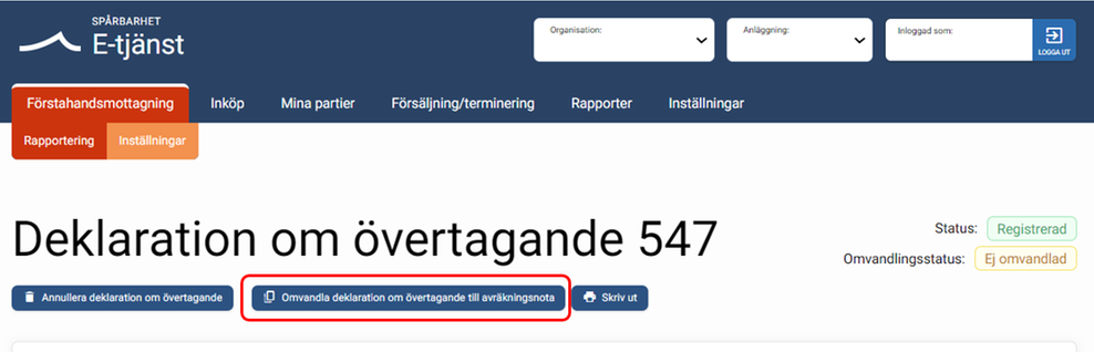 Omvandla deklaration om övertagande. Skärmbild.