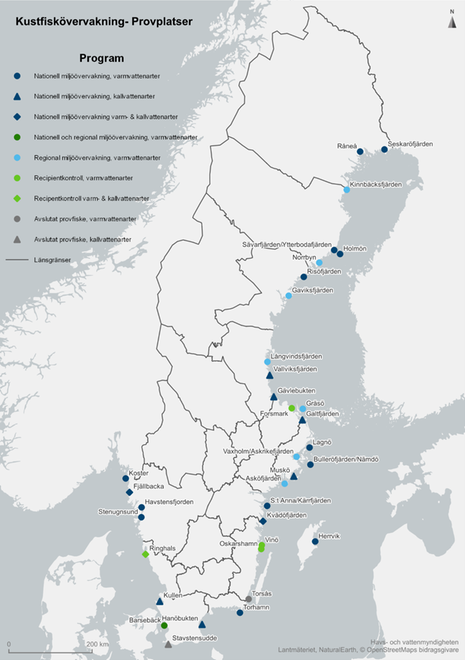 Karta över kustprovfisken med nät och ryssjor. Havs- och vattenmyndigheten 2024.