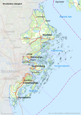 Karta över Stockholms skärgård med kommunnamn