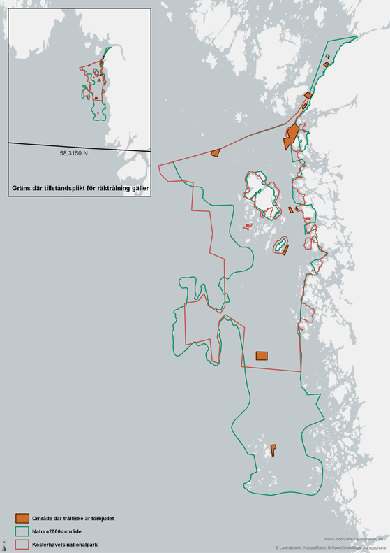 Areas with fishing regulations in the Koster National park. 