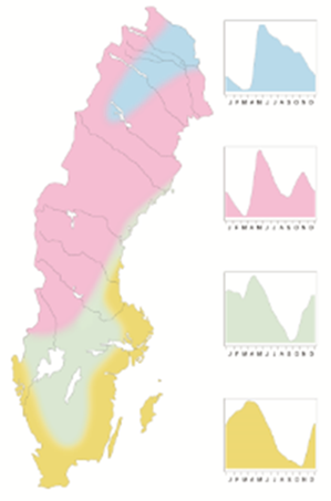 Illustrationen visar en sverigekarta indelad i fyra olikfärgade fält.