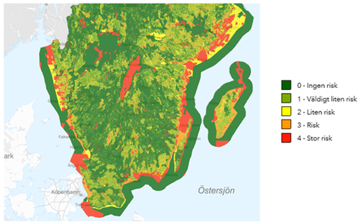 Ett
exempel på riskkarta (fosfor) från GIS-stödet tillsammans med teckenförklaring (Länsstyrelsen, 2019). Illustration.