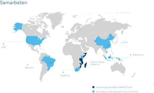 Världskarta. De länder HaV samarbetar med är markerade med blått.