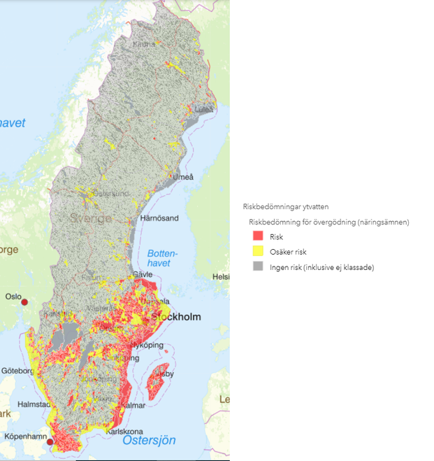 Figur 4 Karta från VISS som visar riskbedömning för övergödning 2016-2021 (VISS, 2021)