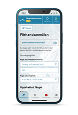 En skärmbild från EFR-app, vyn Förhandsanmälan.