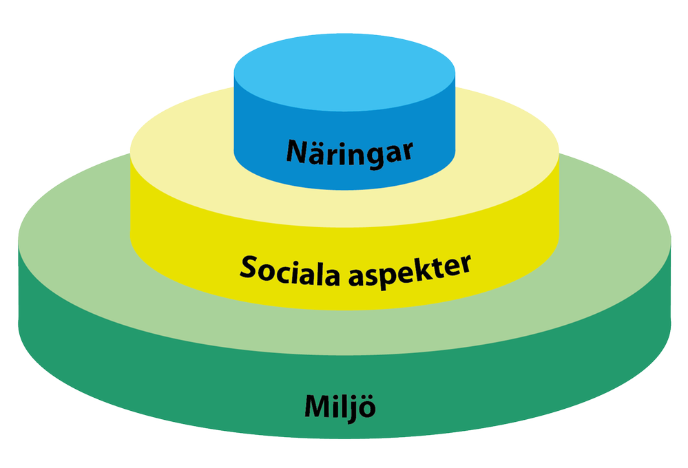 Illustrationen visar en pyramid där miljömål utgör basen, sociala aspekter utgör mellanskiktet och mål för näringar utgör toppen av pyramiden. Miljö är störst till ytan och näringar minst.