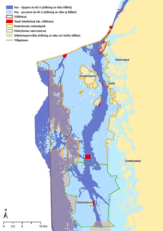 Karta över fiskevatten och naturskydd i och kring Kosterhavets nationalpark och Väderöarnas naturreservat.