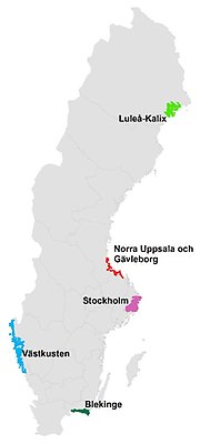 Sverigekarta i grått. De fem delområdena är markerade med olika färger.