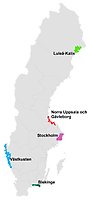 Sverigekarta i grått. De fem delområdena är markerade med olika färger.