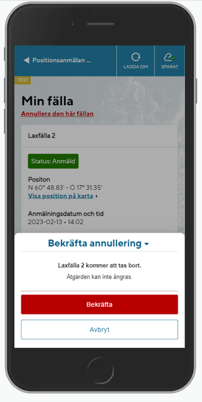 Annullera en redan anmäld laxfälla. Skärmbild.