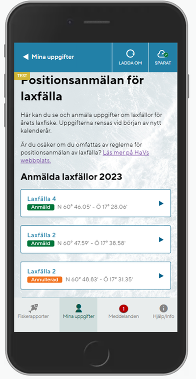 Anmäla en ny laxfälla. Skärmbild.